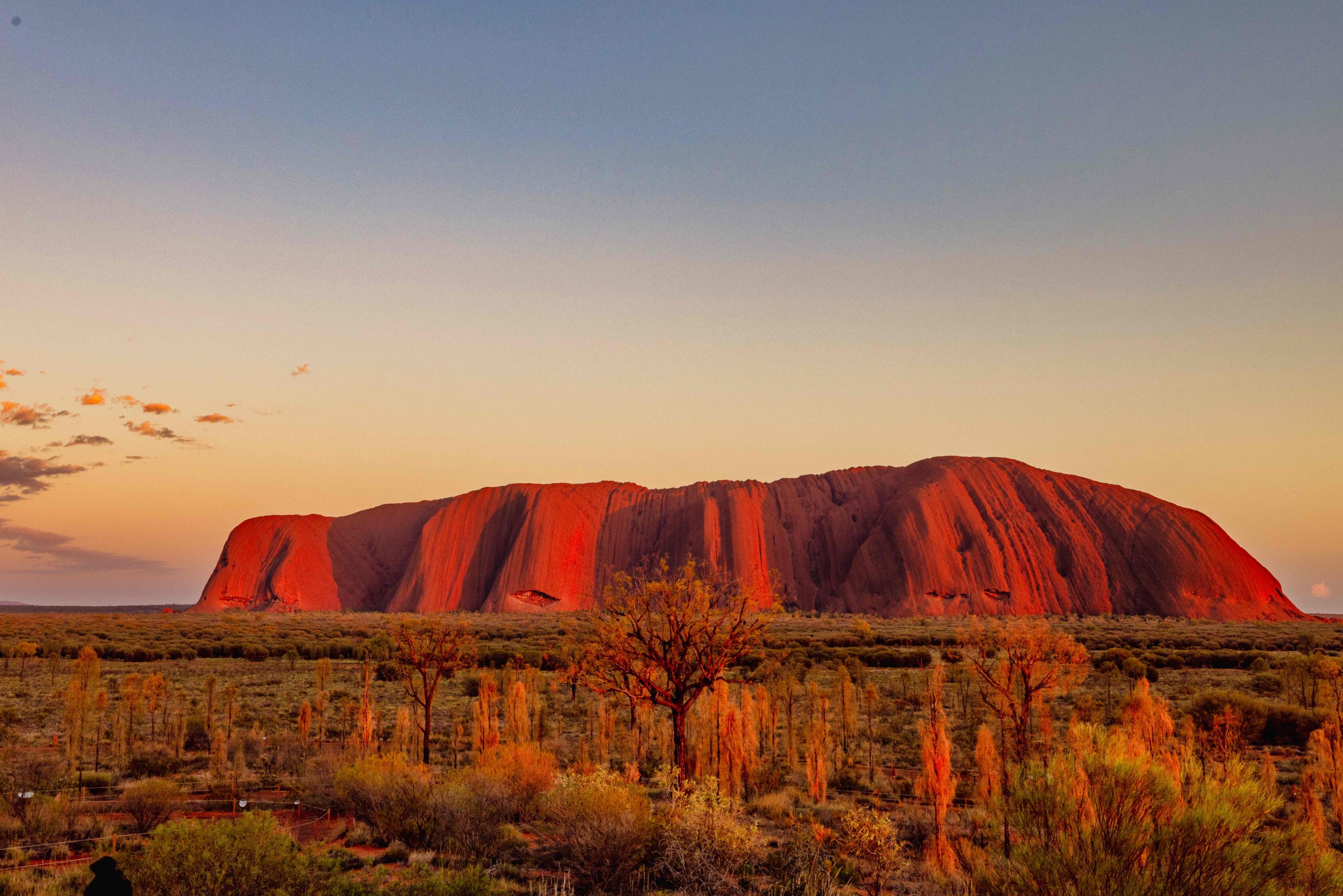 A scenic view of a red rock in a desert field at a golden